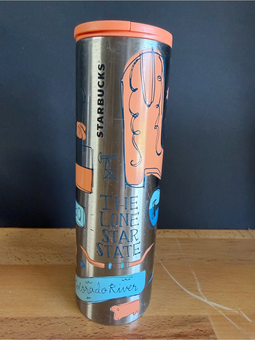 Starbucks Stainless Travel Tumbler with Orange Lid & Light Blue Accents